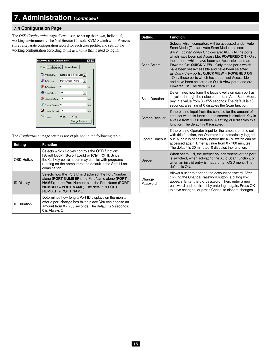 Tripp Lite 932845 Configuration, Setting Function, Scroll Lock Scroll Lock or Ctrl Ctrl. Since, Number + Port Name 