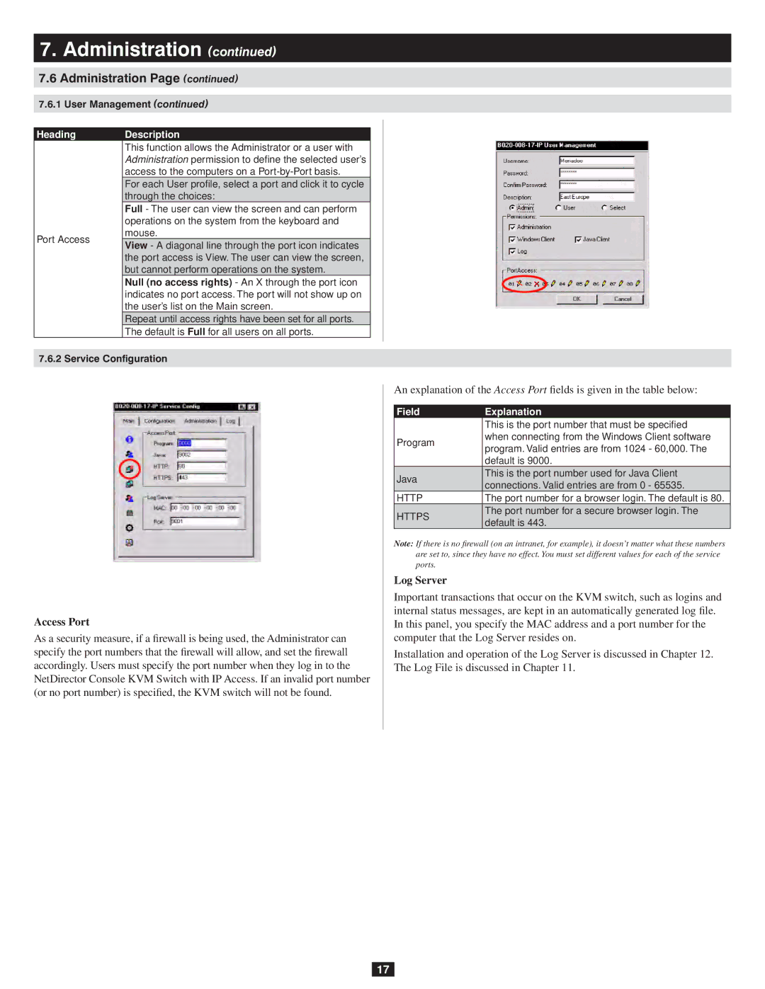 Tripp Lite 932845 owner manual Access Port, Log Server, Field Explanation, Https 