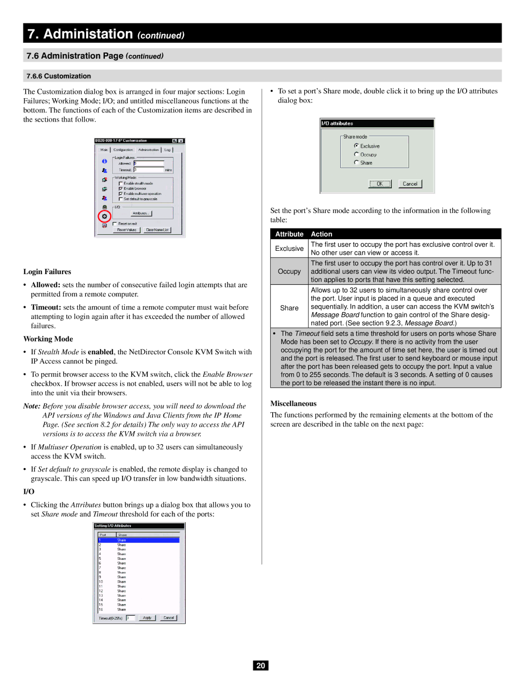 Tripp Lite 932845 owner manual Administation, Login Failures, Working Mode, Miscellaneous, Attribute Action 