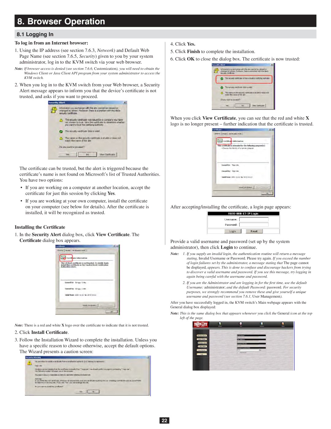 Tripp Lite 932845 owner manual Browser Operation, Logging, To log in from an Internet browser 