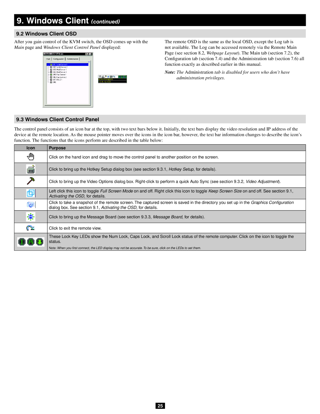 Tripp Lite 932845 Windows Client OSD, Windows Client Control Panel, Dialog box. See .1, Activating the OSD, for details 