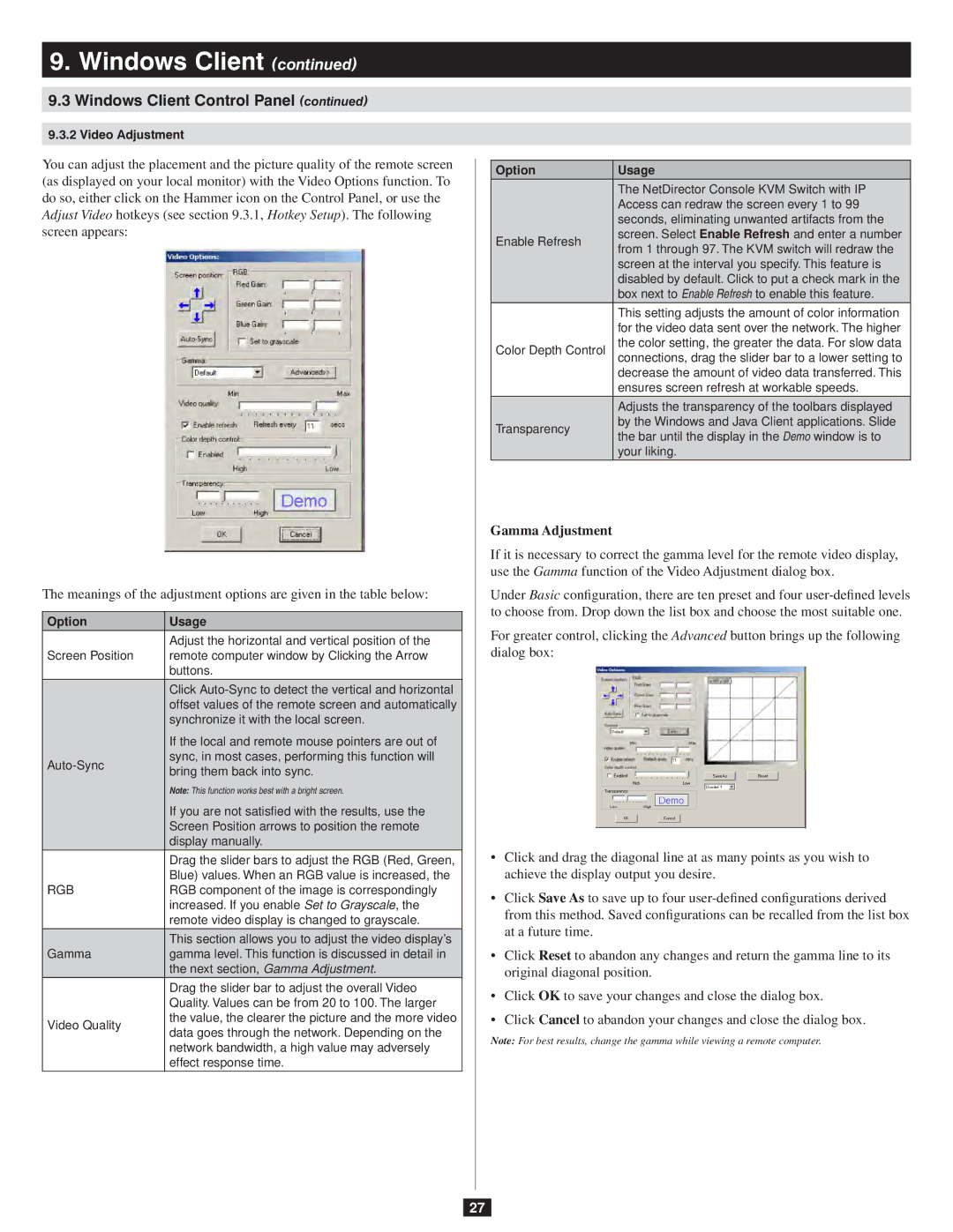 Tripp Lite 932845 owner manual Gamma Adjustment, Option Usage, Rgb 