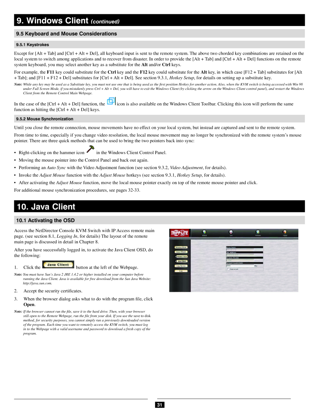 Tripp Lite 932845 owner manual Java Client, Keyboard and Mouse Considerations 