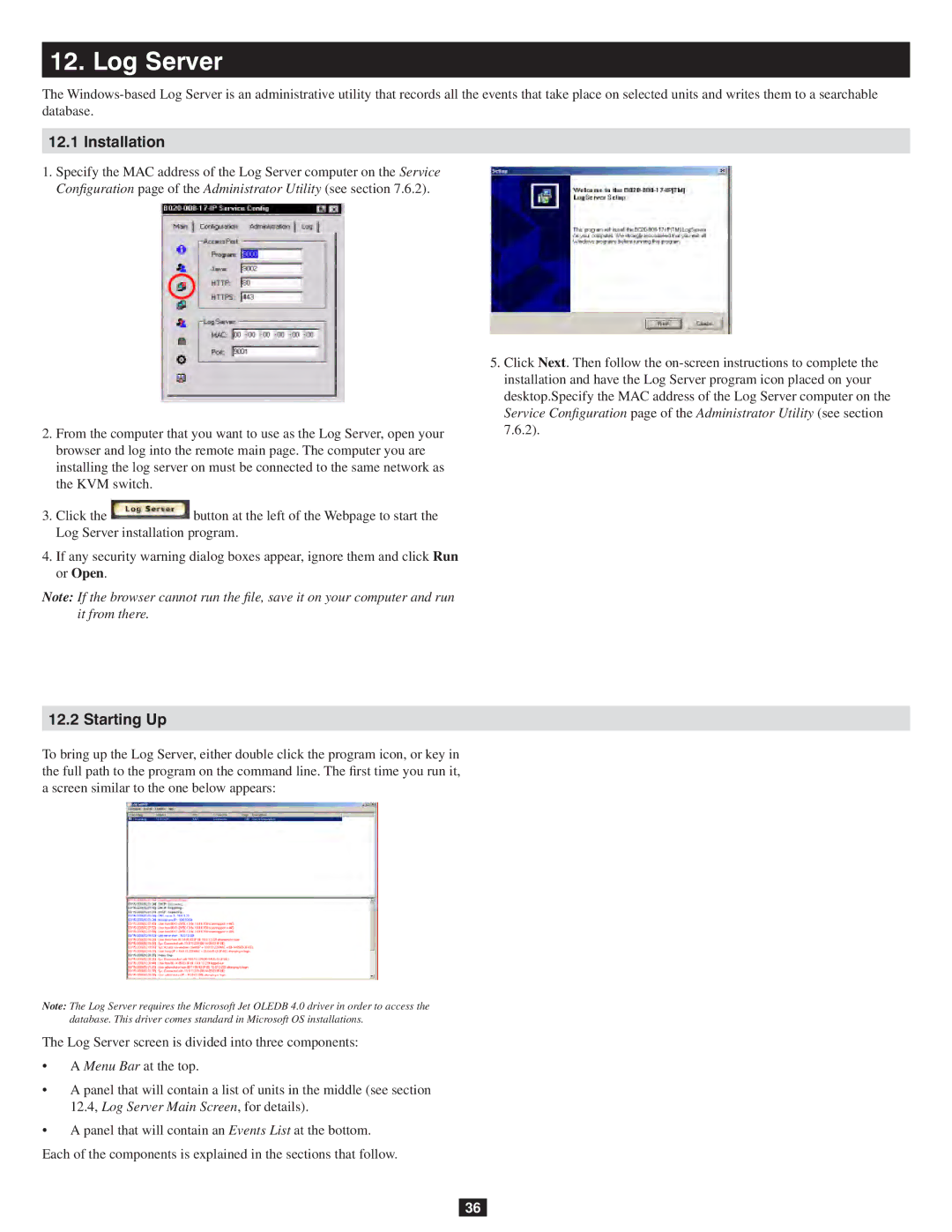 Tripp Lite 932845 owner manual Log Server, Installation, Starting Up 