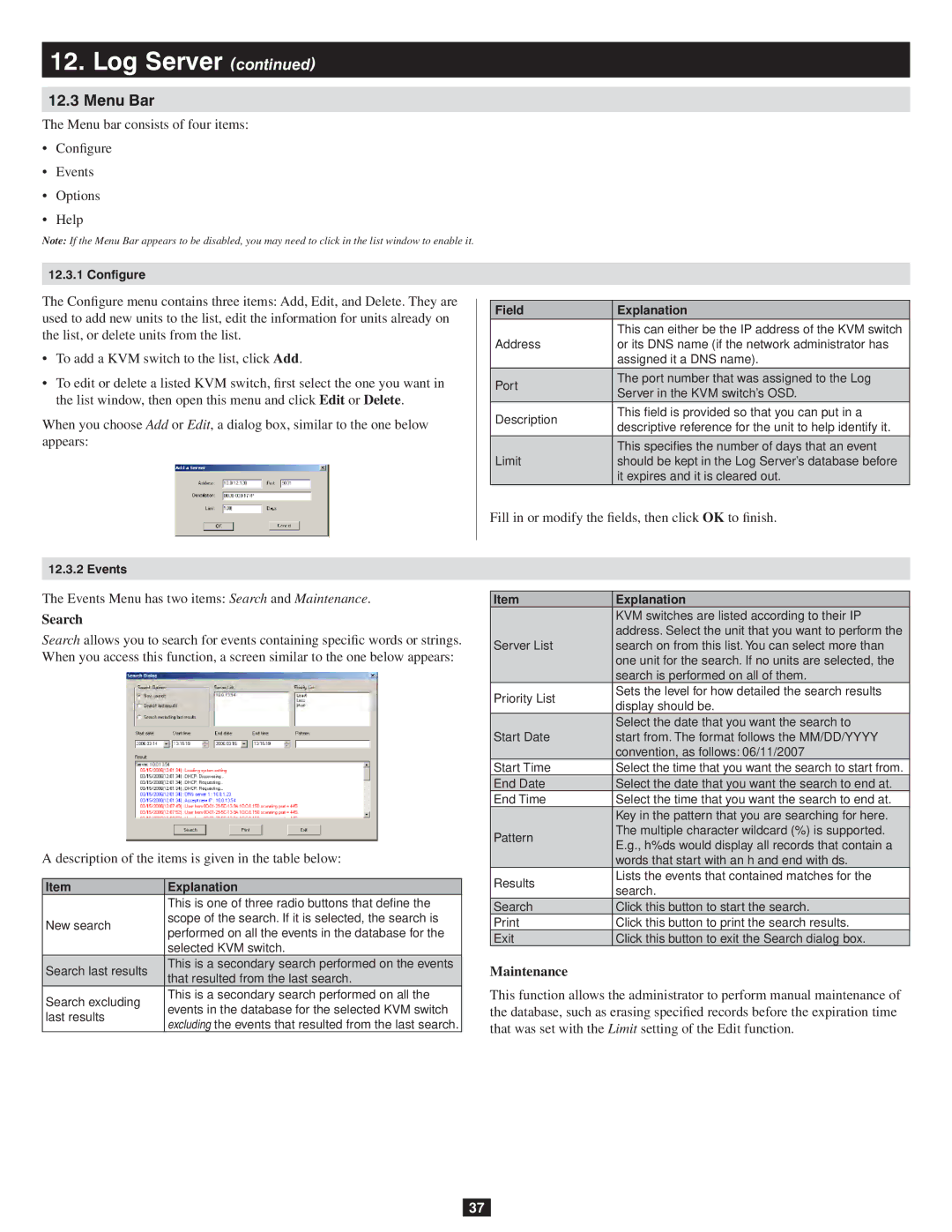 Tripp Lite 932845 owner manual Menu Bar, Search, Maintenance, Field Explanation 