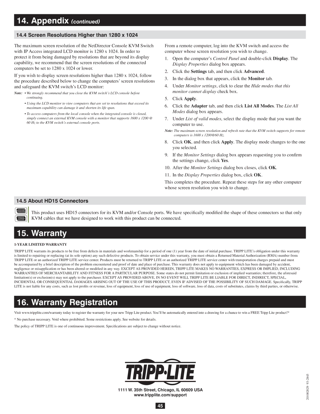 Tripp Lite 932845 owner manual Warranty Registration, Screen Resolutions Higher than 1280 x, About HD15 Connectors 