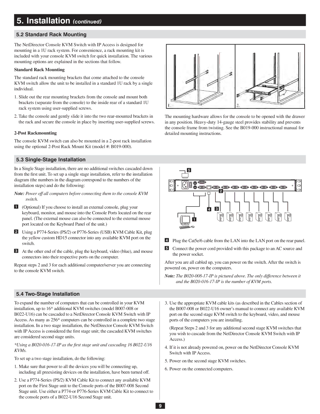 Tripp Lite 932845 owner manual Standard Rack Mounting, Single-Stage Installation, Two-Stage Installation, Post Rackmounting 