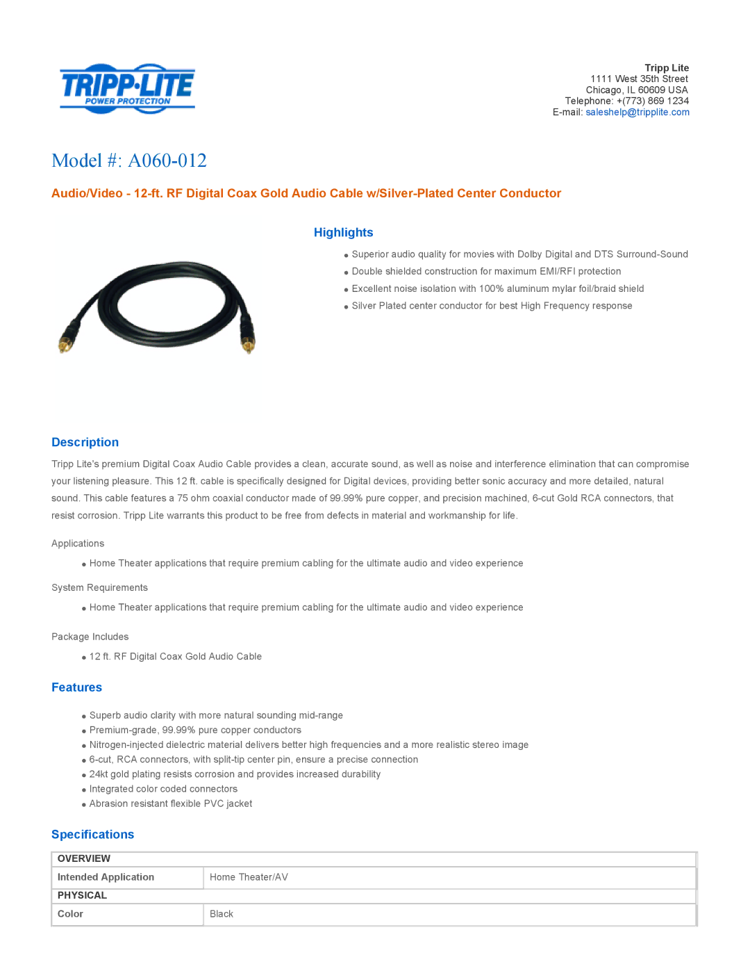 Tripp Lite specifications Model # A060-012, Highlights, Description, Features, Specifications 
