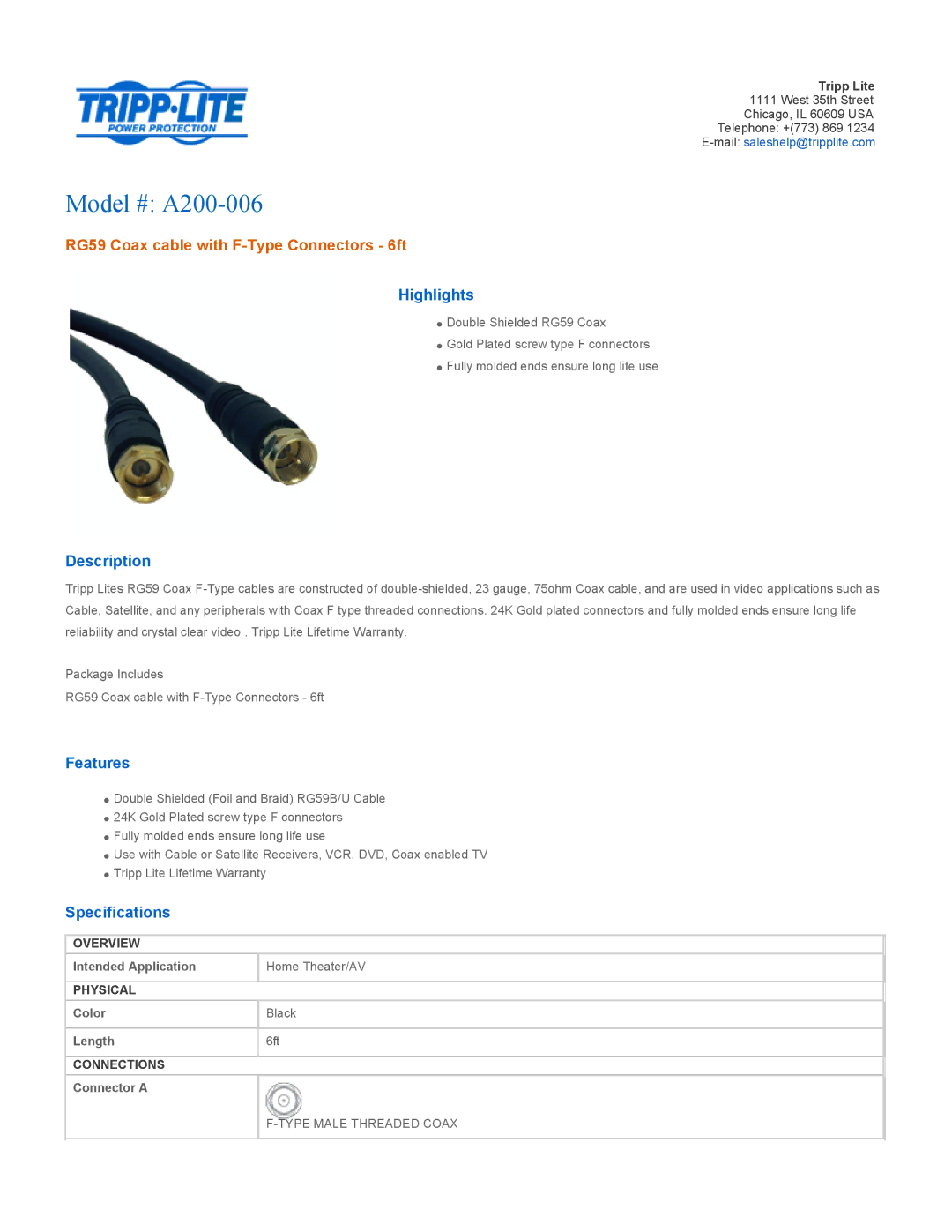 Tripp Lite specifications Model # A200-006, RG59 Coax cable with F-Type Connectors 6ft 