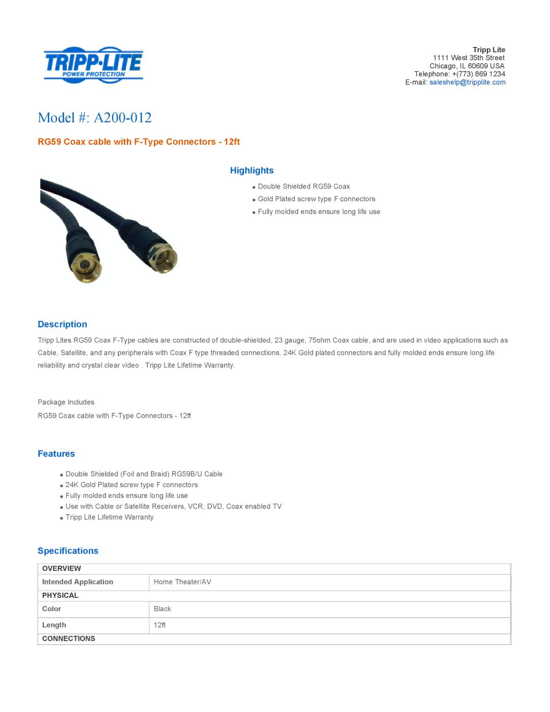 Tripp Lite specifications Model # A200-012, RG59 Coax cable with F-Type Connectors 12ft 