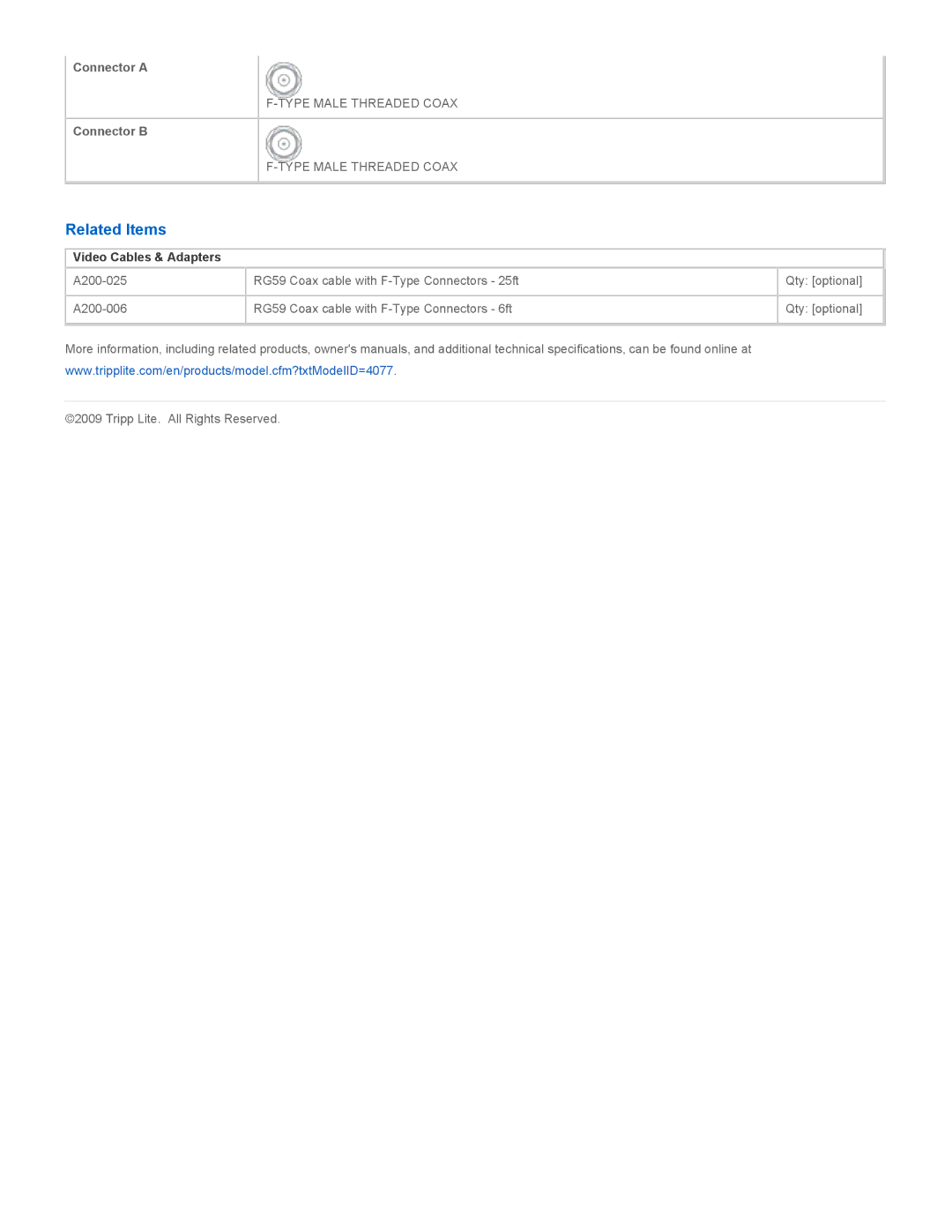 Tripp Lite A200-012 specifications Related Items, Video Cables & Adapters 