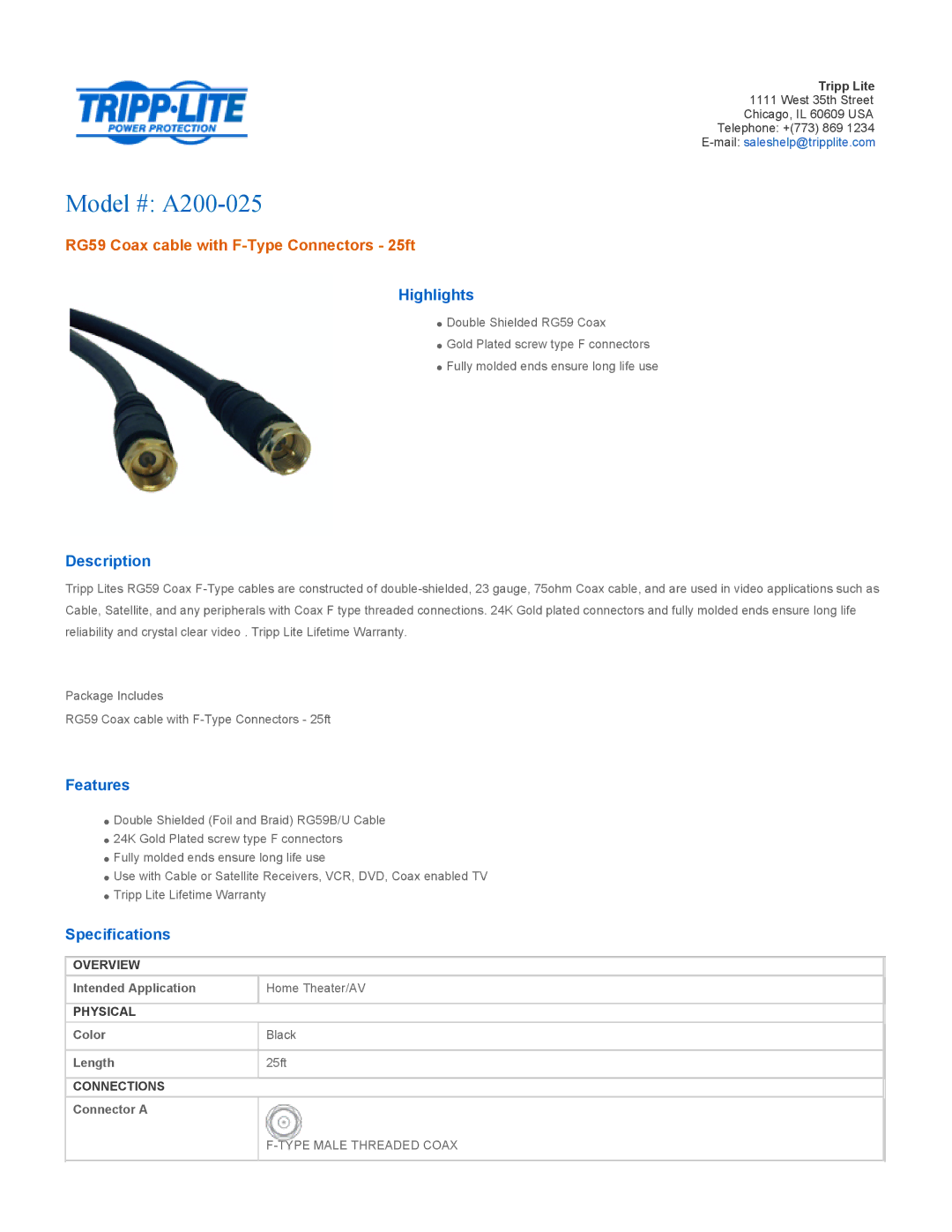 Tripp Lite specifications Model # A200-025, RG59 Coax cable with F-Type Connectors 25ft 