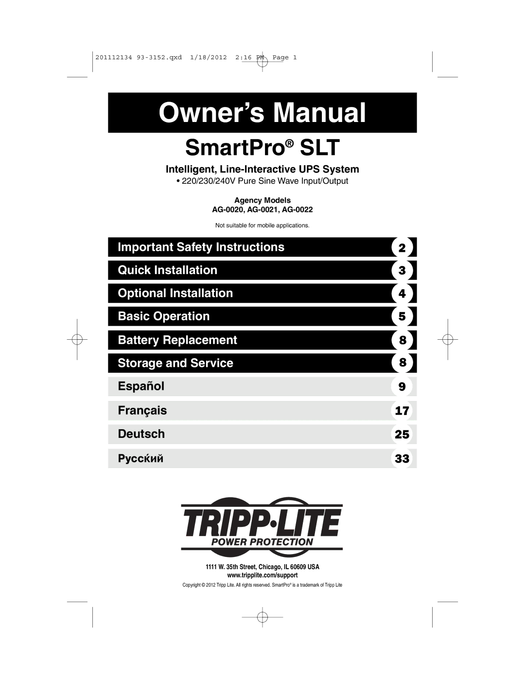 Tripp Lite owner manual Intelligent, Line-Interactive UPS System, Agency Models AG-0020, AG-0021, AG-0022 