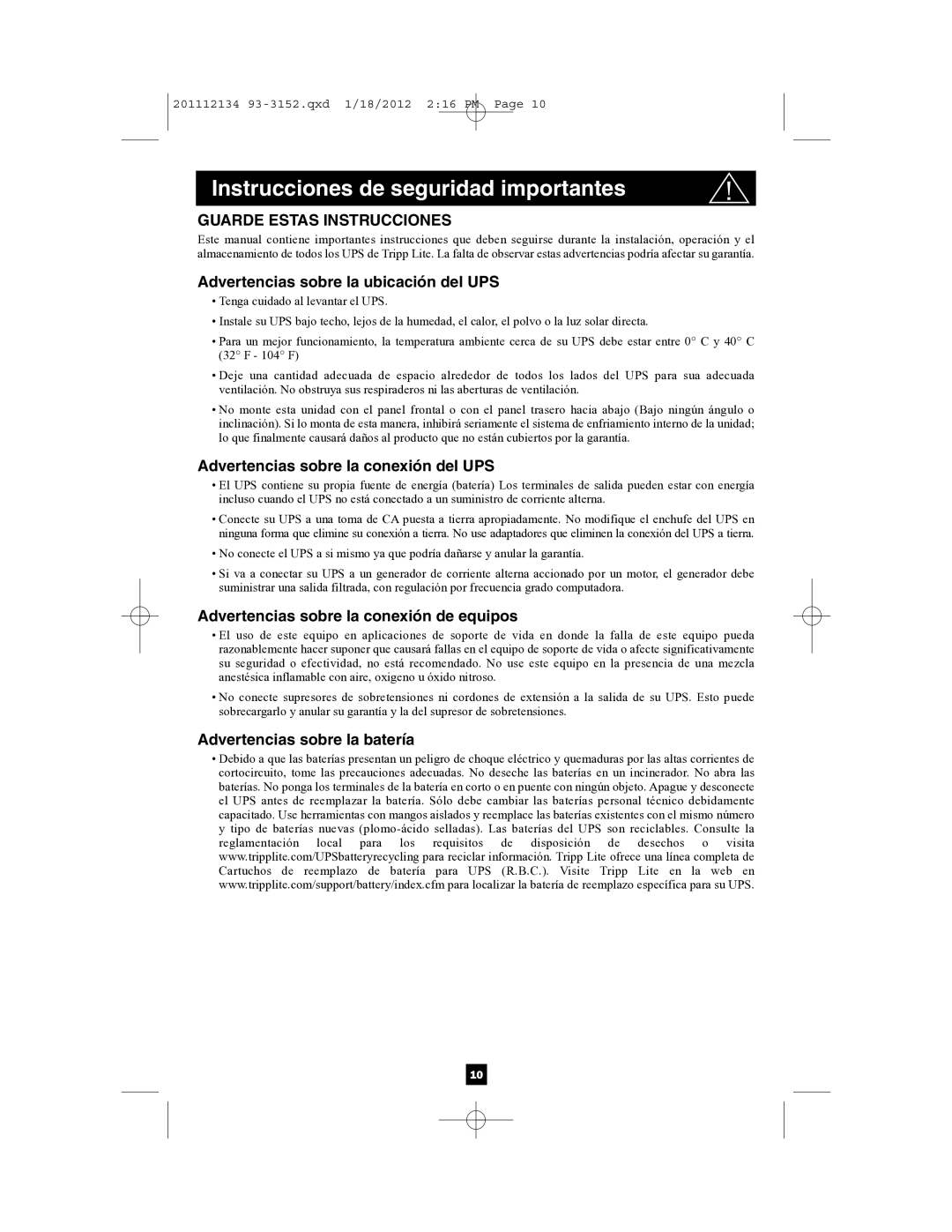 Tripp Lite AG-0021, AG-0022, AG-0020 Instrucciones de seguridad importantes, Advertencias sobre la ubicación del UPS 