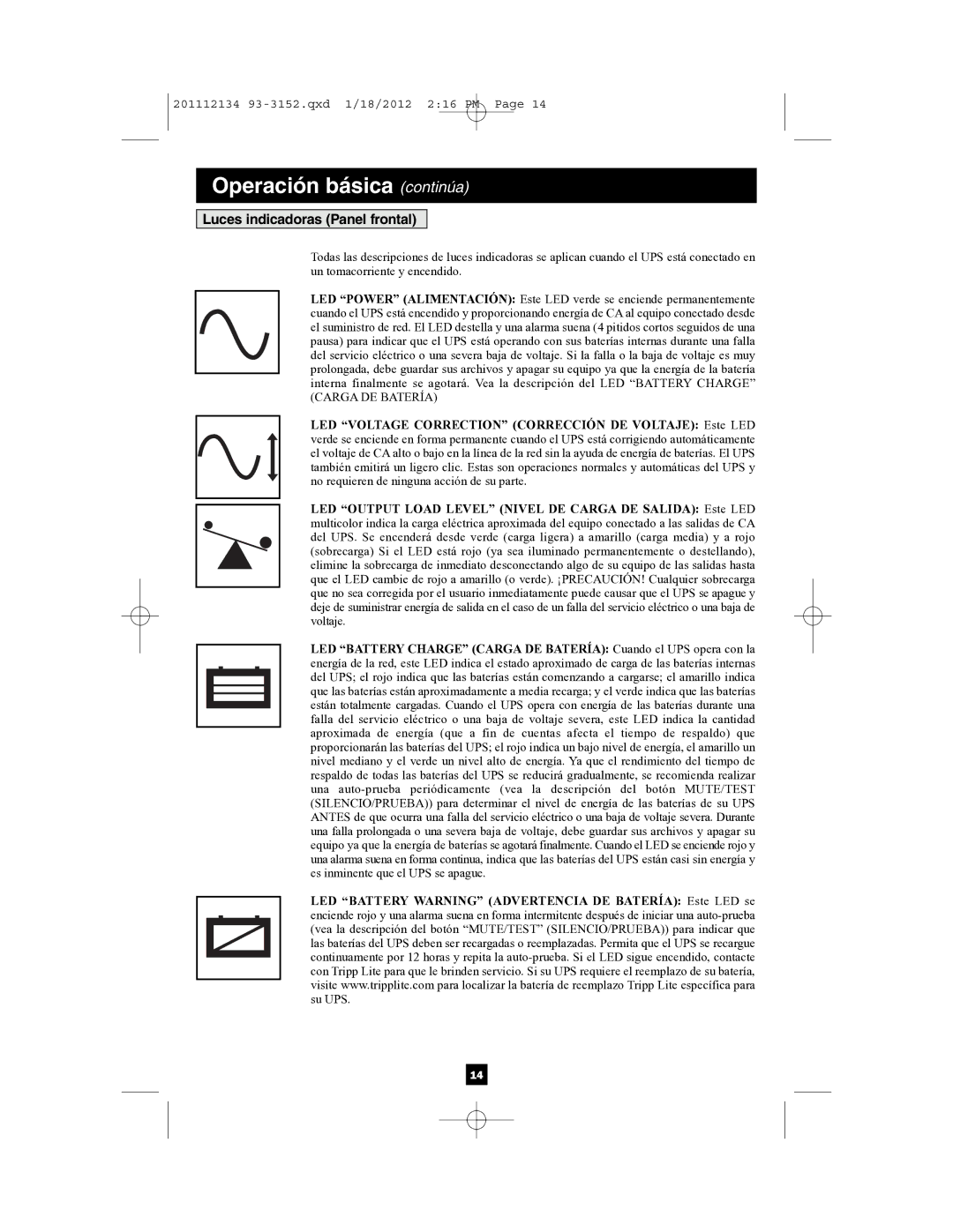 Tripp Lite AG-0020, AG-0022, AG-0021 owner manual Operación básica continúa, Luces indicadoras Panel frontal 