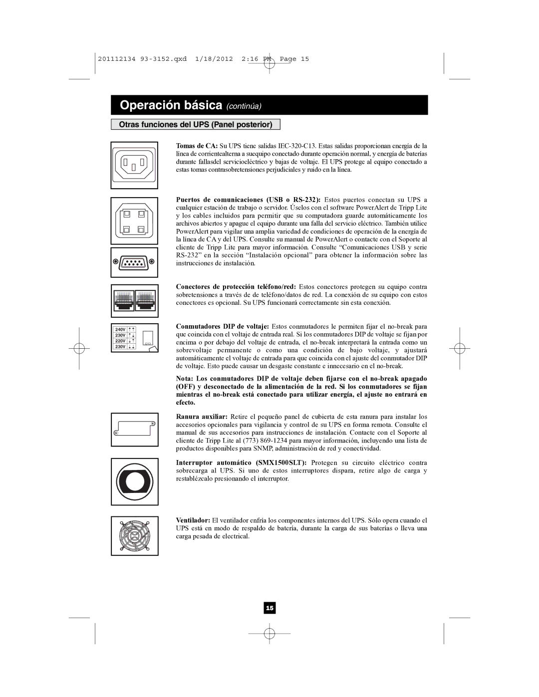 Tripp Lite AG-0022, AG-0021, AG-0020 owner manual Otras funciones del UPS Panel posterior 