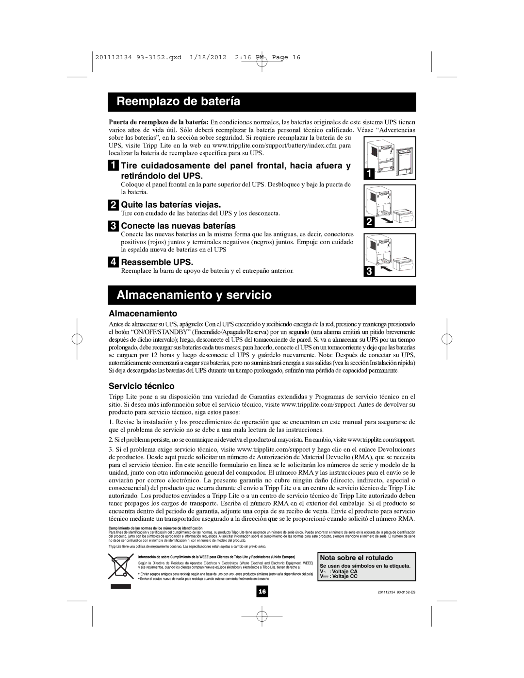 Tripp Lite AG-0021, AG-0022, AG-0020 owner manual Reassemble UPS, Almacenamiento, Servicio técnico 