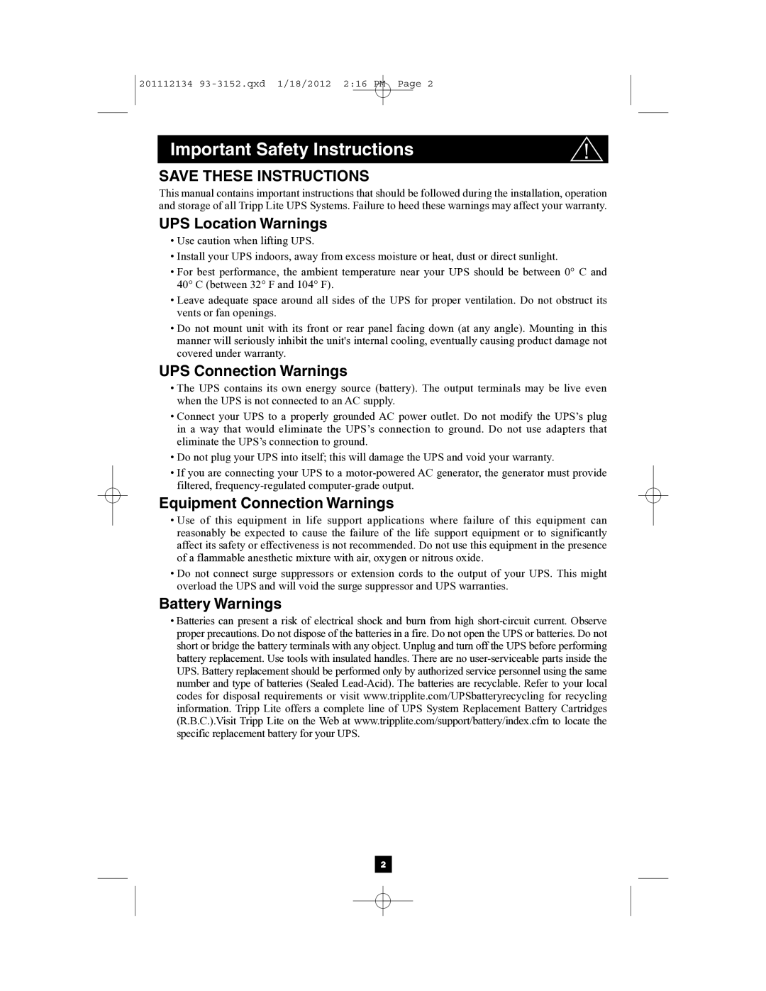 Tripp Lite AG-0020 Important Safety Instructions, UPS Location Warnings, UPS Connection Warnings, Battery Warnings 