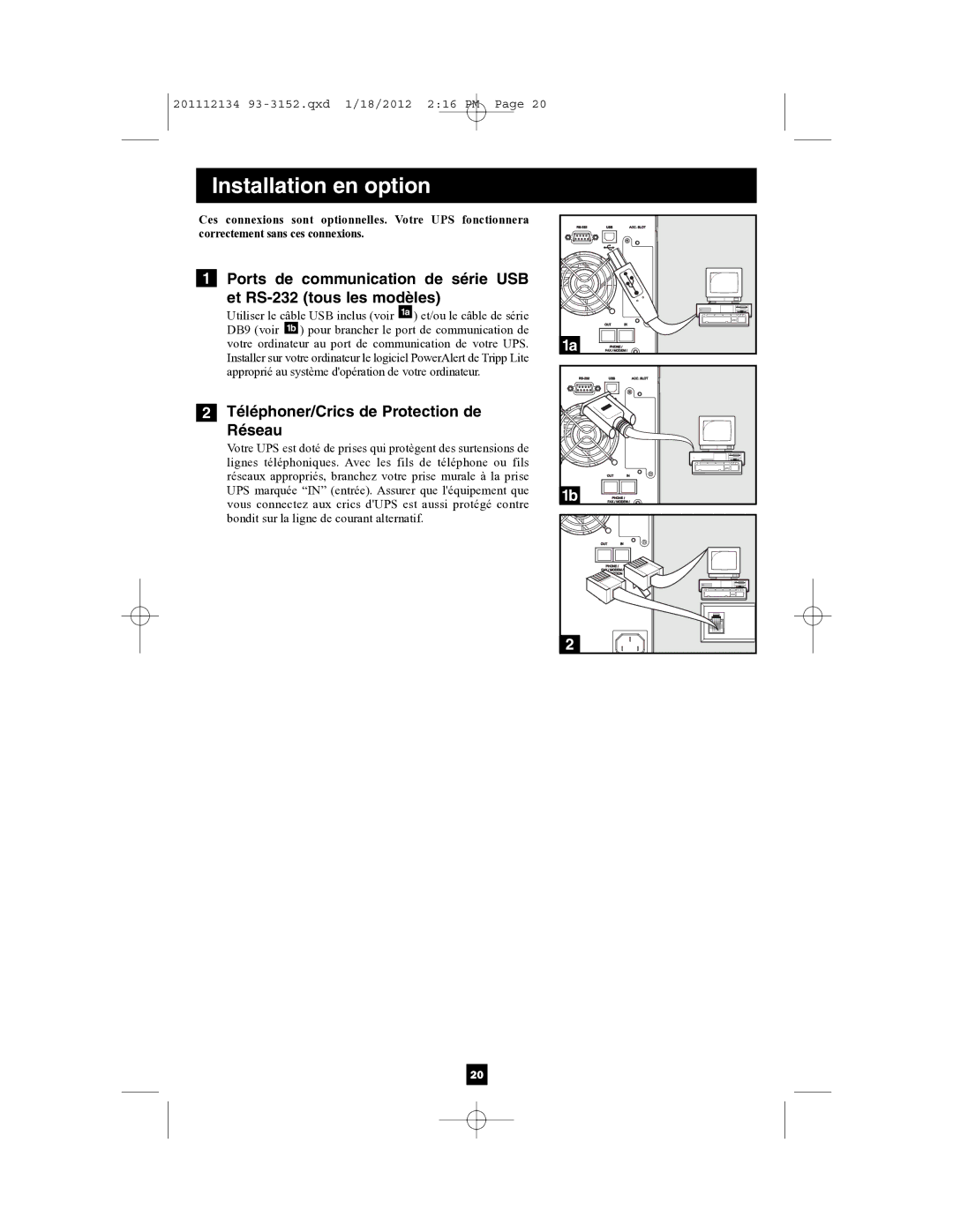 Tripp Lite AG-0020, AG-0022, AG-0021 owner manual Installation en option, Téléphoner/Crics de Protection de Réseau 