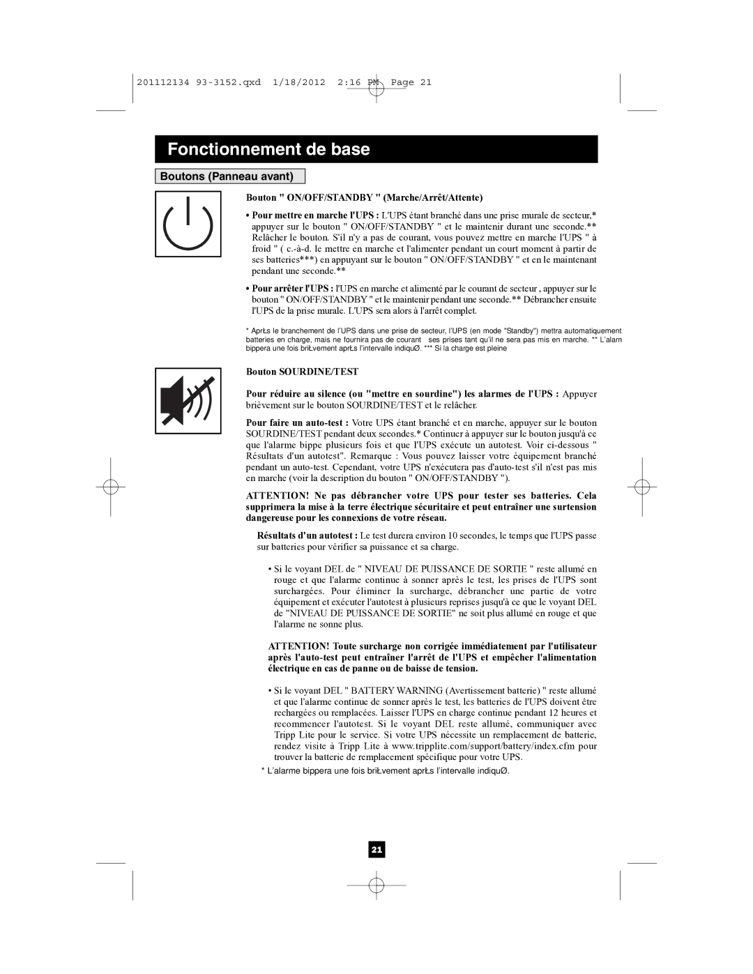 Tripp Lite AG-0022, AG-0021, AG-0020 owner manual Boutons Panneau avant, Bouton ON/OFF/STANDBY Marche/Arrêt/Attente 