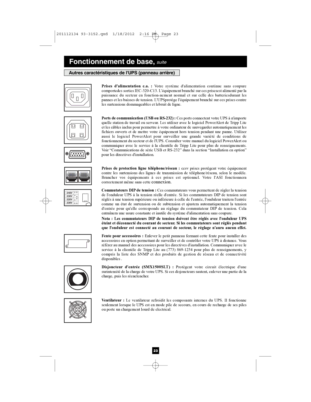 Tripp Lite AG-0020, AG-0022, AG-0021 owner manual Autres caractéristiques de lUPS panneau arrière 