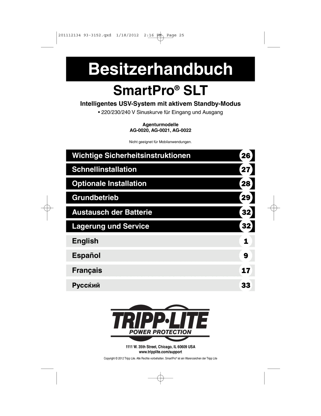 Tripp Lite owner manual Intelligentes USV-System mit aktivem Standby-Modus, Agenturmodelle AG-0020, AG-0021, AG-0022 