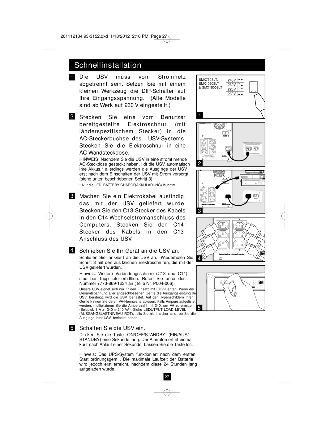 Tripp Lite AG-0022, AG-0021, AG-0020 owner manual Schalten Sie die USV ein 