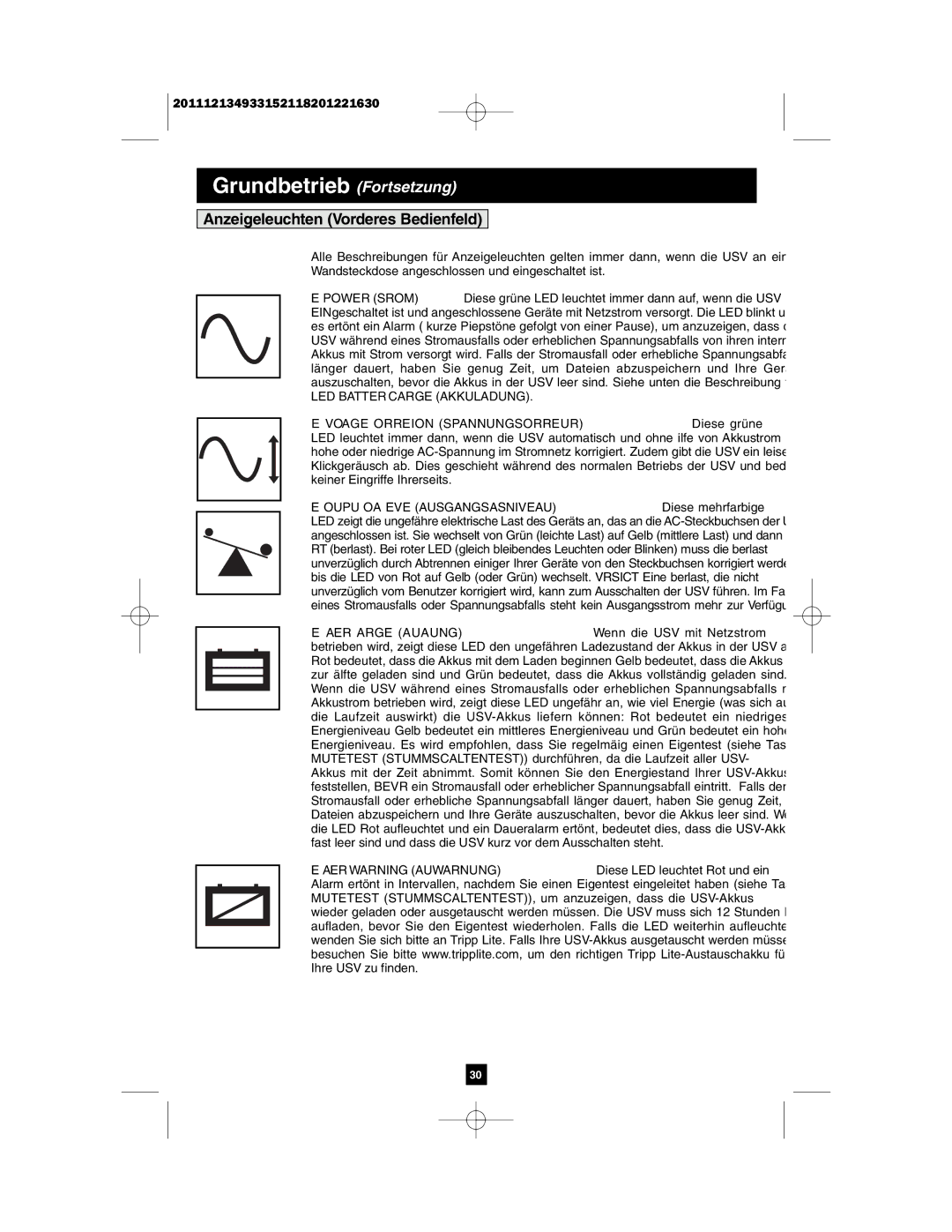 Tripp Lite AG-0022, AG-0021, AG-0020 owner manual Grundbetrieb Fortsetzung, Anzeigeleuchten Vorderes Bedienfeld 