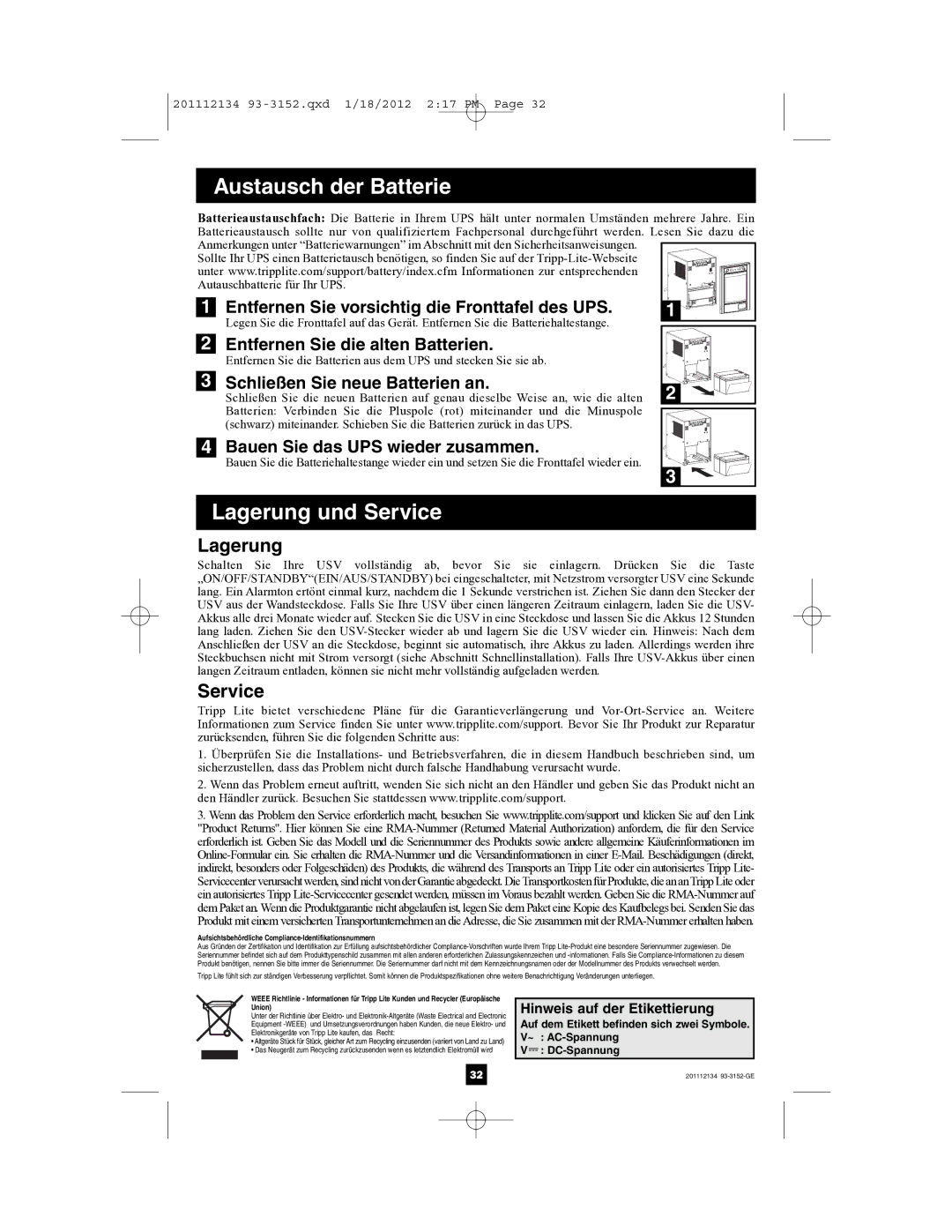 Tripp Lite AG-0020, AG-0022, AG-0021 owner manual Lagerung, Service, Hinweis auf der Etikettierung 