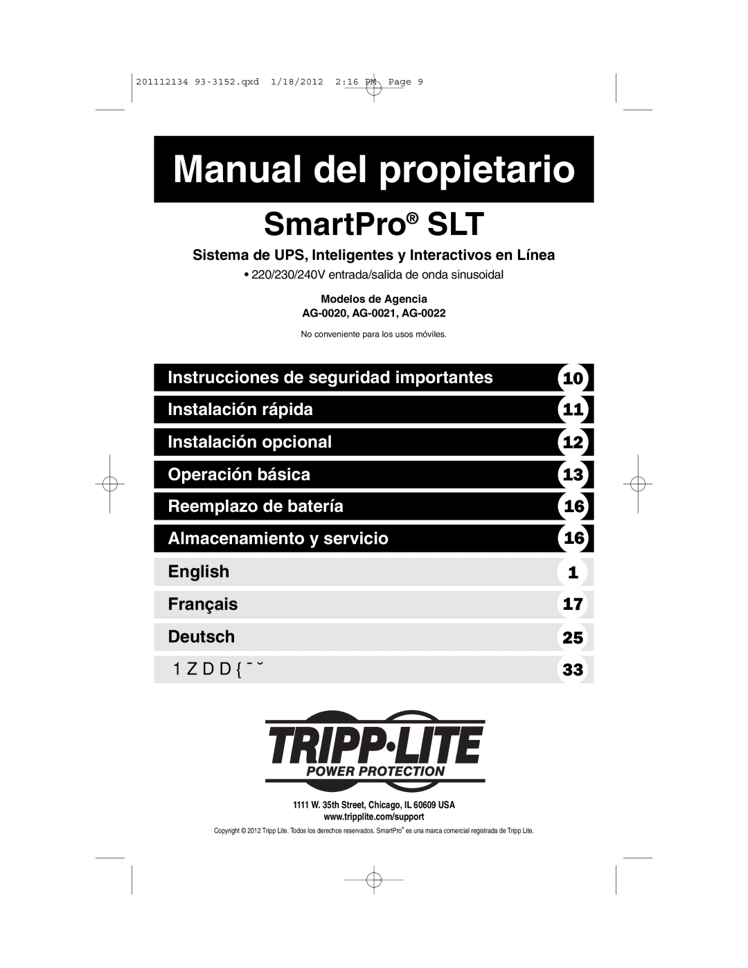 Tripp Lite Sistema de UPS, Inteligentes y Interactivos en Línea, Modelos de Agencia AG-0020, AG-0021, AG-0022 