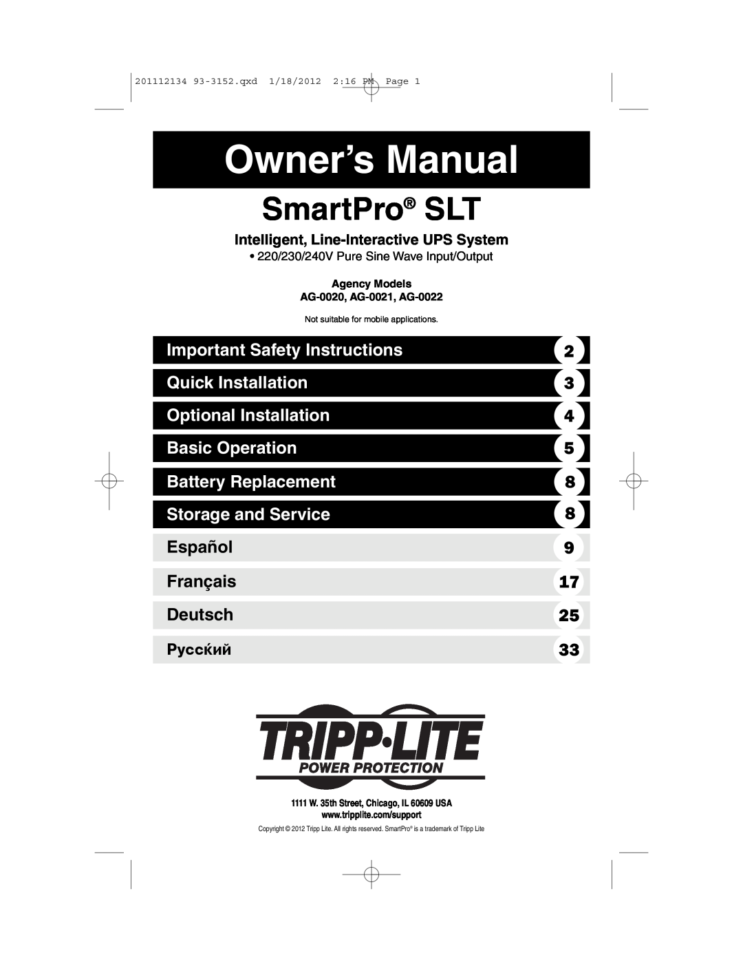 Tripp Lite AG-0021 owner manual Owner’s Manual, SmartPro SLT, Important Safety Instructions, Quick Installation, Español 