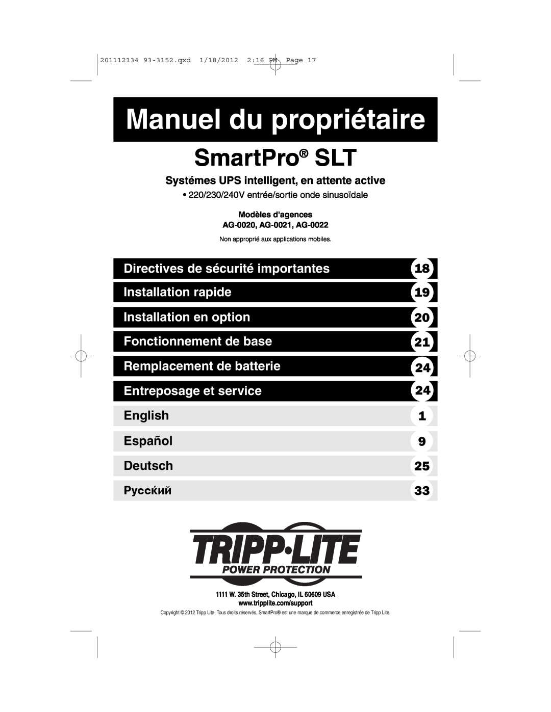 Tripp Lite AG-0020 Manuel du propriétaire, Directives de sécurité importantes, Installation rapide, Installation en option 