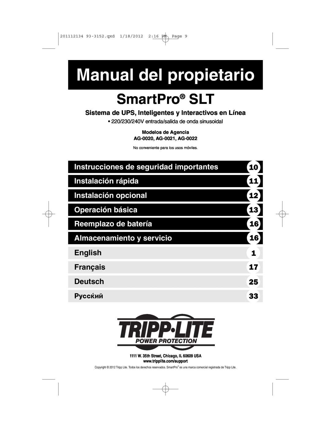 Tripp Lite AG-0022 Manual del propietario, Instrucciones de seguridad importantes, Instalación rápida, Operación básica 