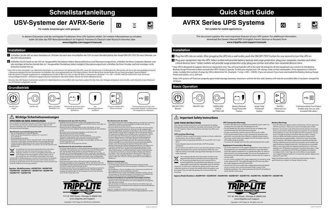 Tripp Lite AGOM7594 quick start Schnellstartanleitung, USV-Systeme der AVRX-Serie, Quick Start Guide, Installation 