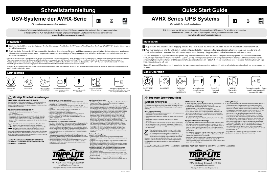 Tripp Lite AGOM7594 quick start Warnhinweis zum Aufstellungsort der USV, Warnhinweise für den USV-Anschluss 