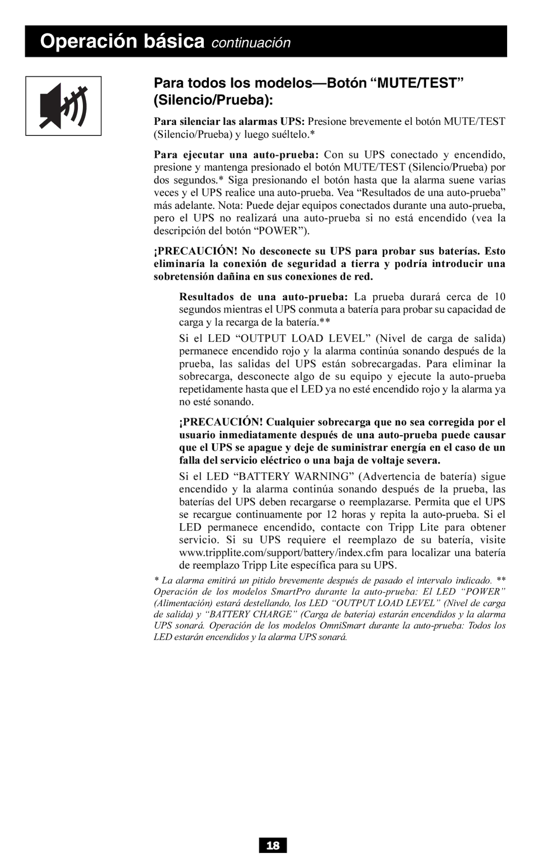 Tripp Lite AGOM350KSR57HG, BP36V27 Operación básica continuación, Para todos los modelos-Botón MUTE/TEST Silencio/Prueba 