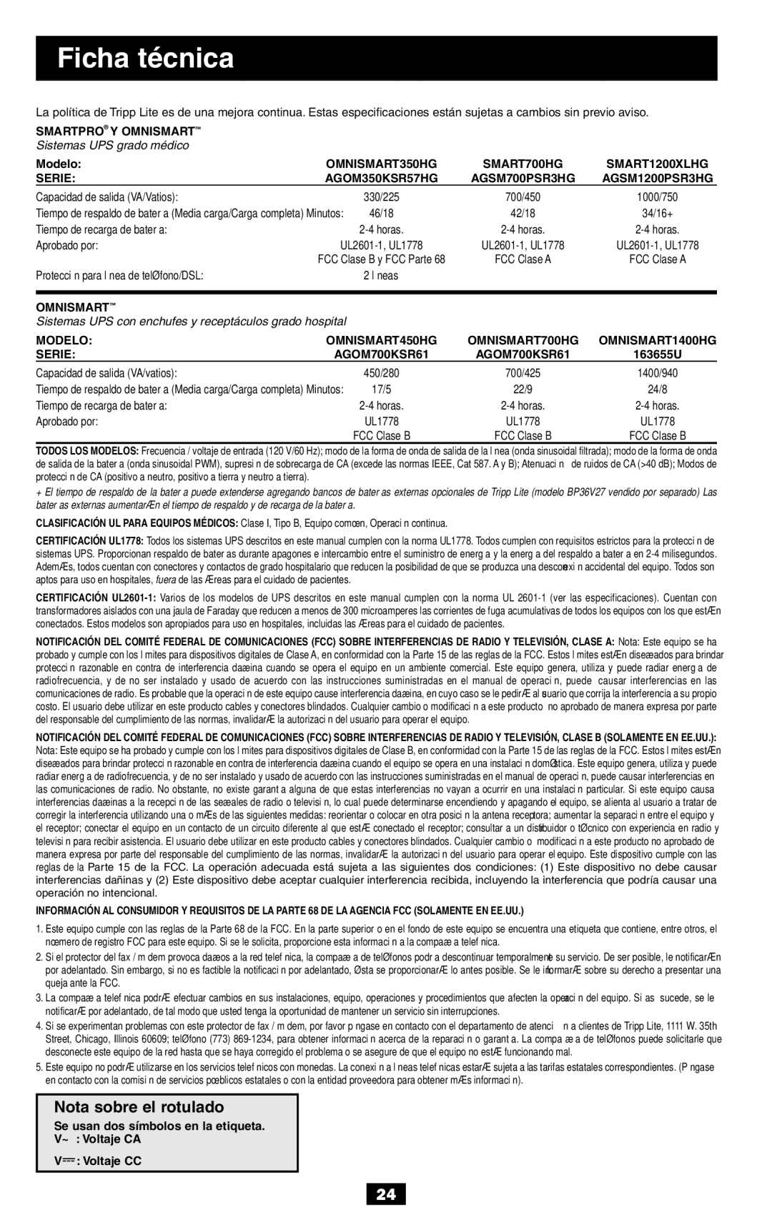 Tripp Lite SMART1200XLHG, AGSM1200PSR3HG, AGSM700PSR3HG, SMART700HG, AGOM350KSR57HG, BP36V27 owner manual Nota sobre el rotulado 