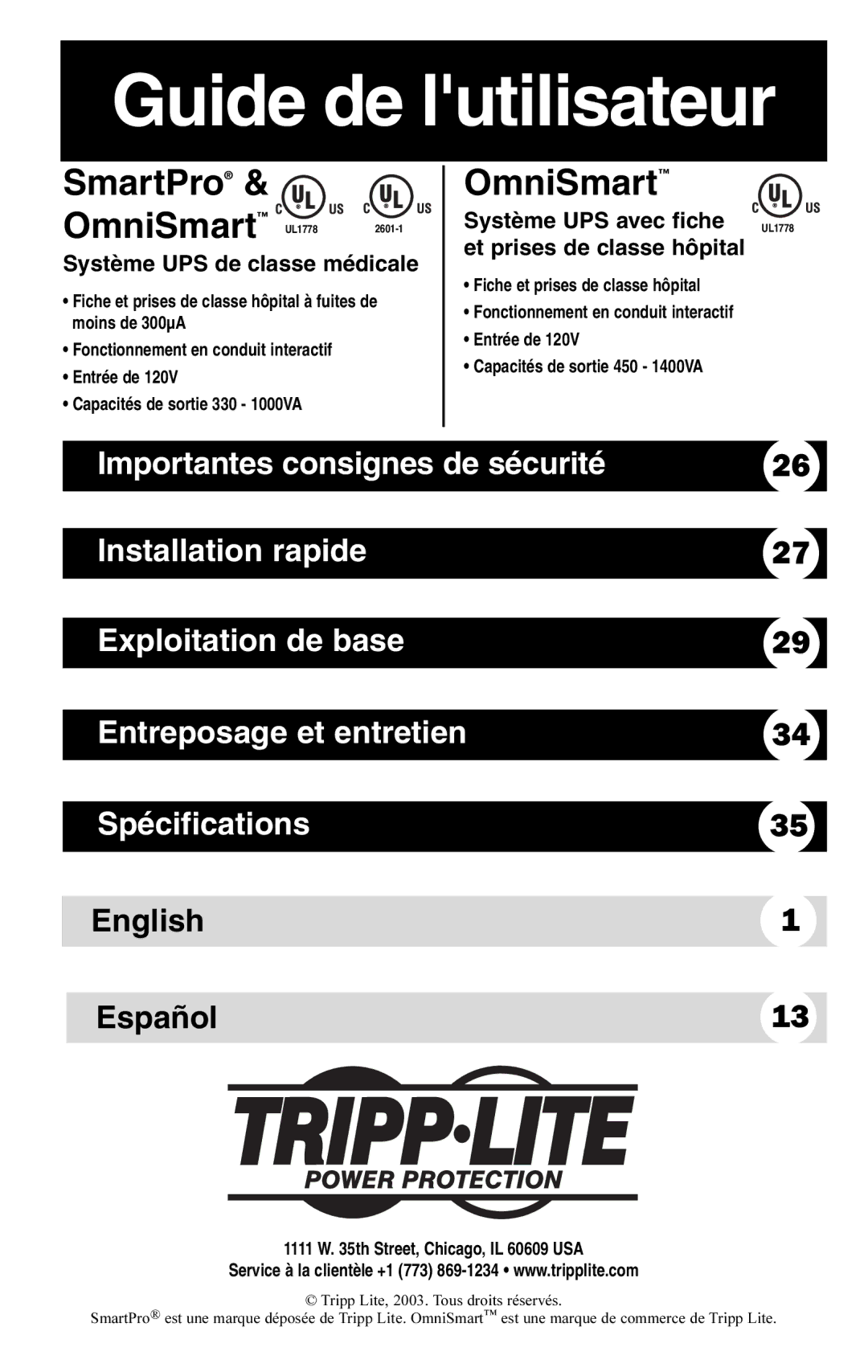 Tripp Lite AGOM350KSR57HG Système UPS de classe médicale, Système UPS avec fiche UL1778 et prises de classe hôpital 