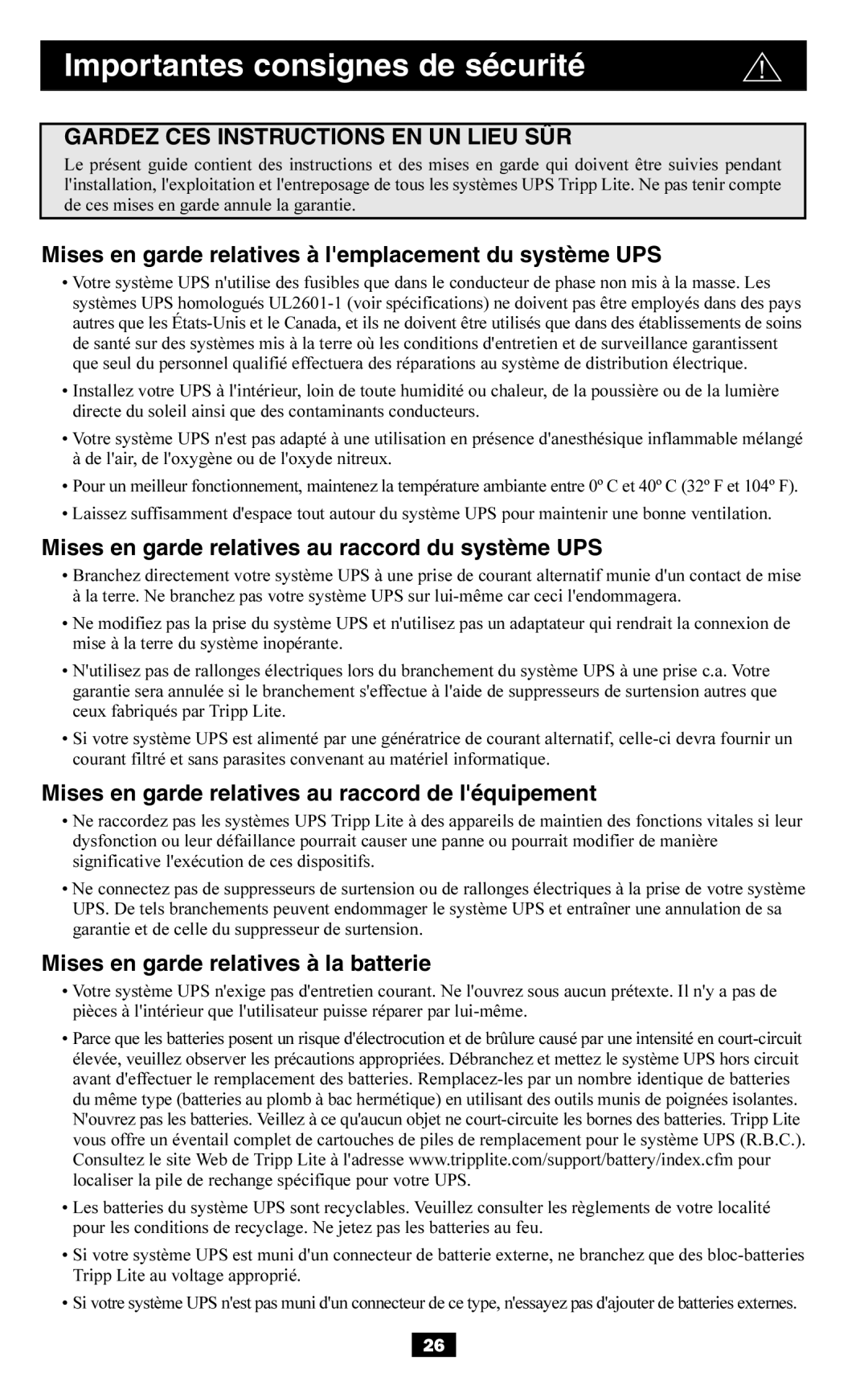 Tripp Lite BP36V27, SMART700HG Importantes consignes de sécurité, Mises en garde relatives à lemplacement du système UPS 