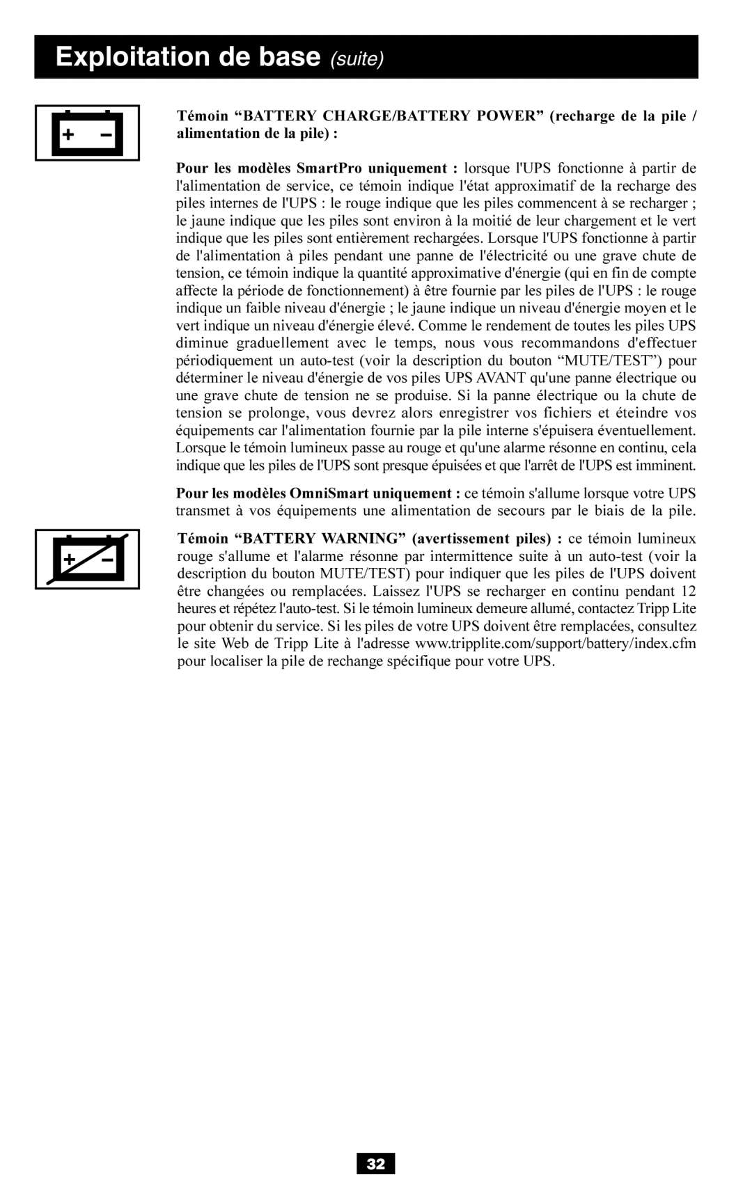 Tripp Lite AGOM350KSR57HG, AGSM1200PSR3HG, AGSM700PSR3HG, SMART700HG, SMART1200XLHG, BP36V27 Exploitation de base suite 