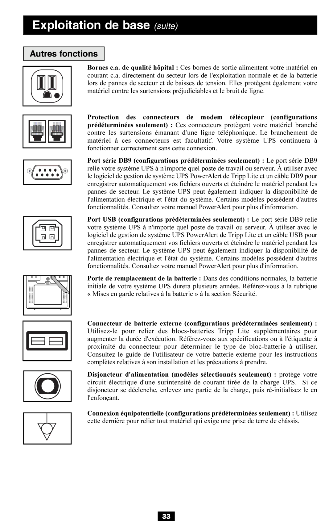 Tripp Lite BP36V27, AGSM1200PSR3HG, AGSM700PSR3HG, SMART700HG, SMART1200XLHG, AGOM350KSR57HG, OMNISMART350HG Autres fonctions 