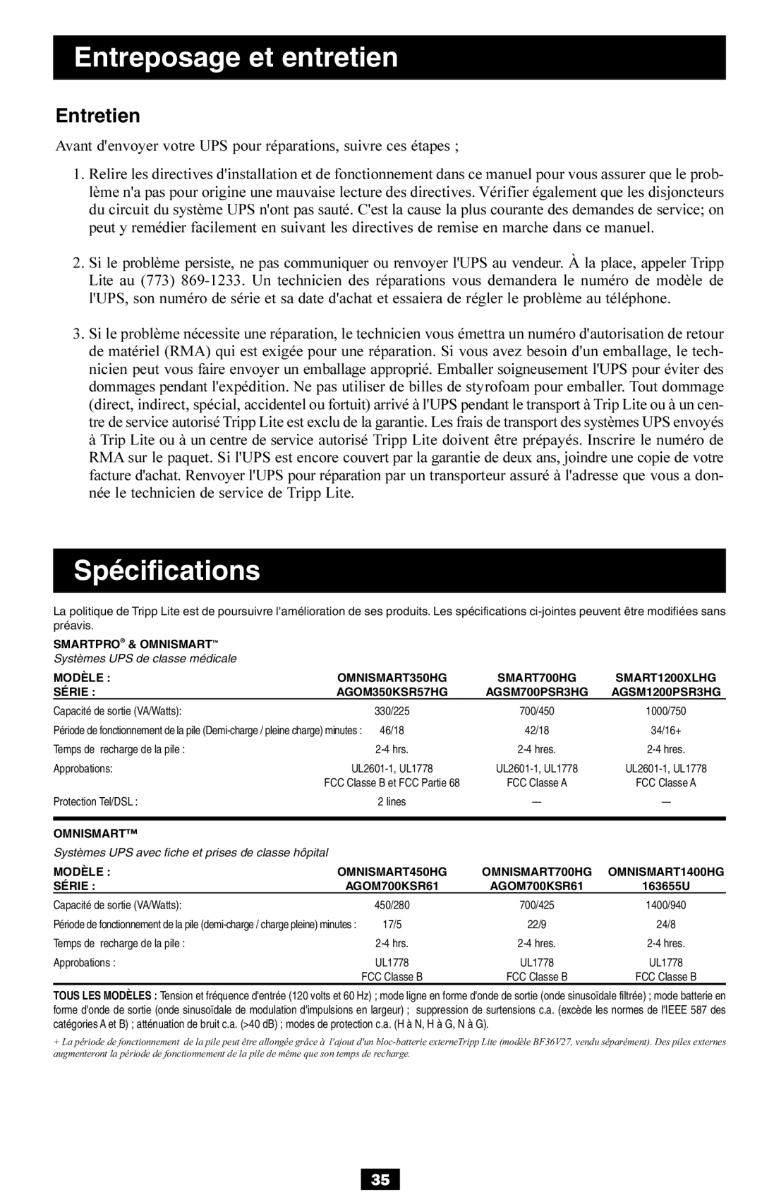 Tripp Lite AGSM1200PSR3HG, AGSM700PSR3HG, SMART700HG, SMART1200XLHG, AGOM350KSR57HG Entretien, Capacité de sortie VA/Watts 