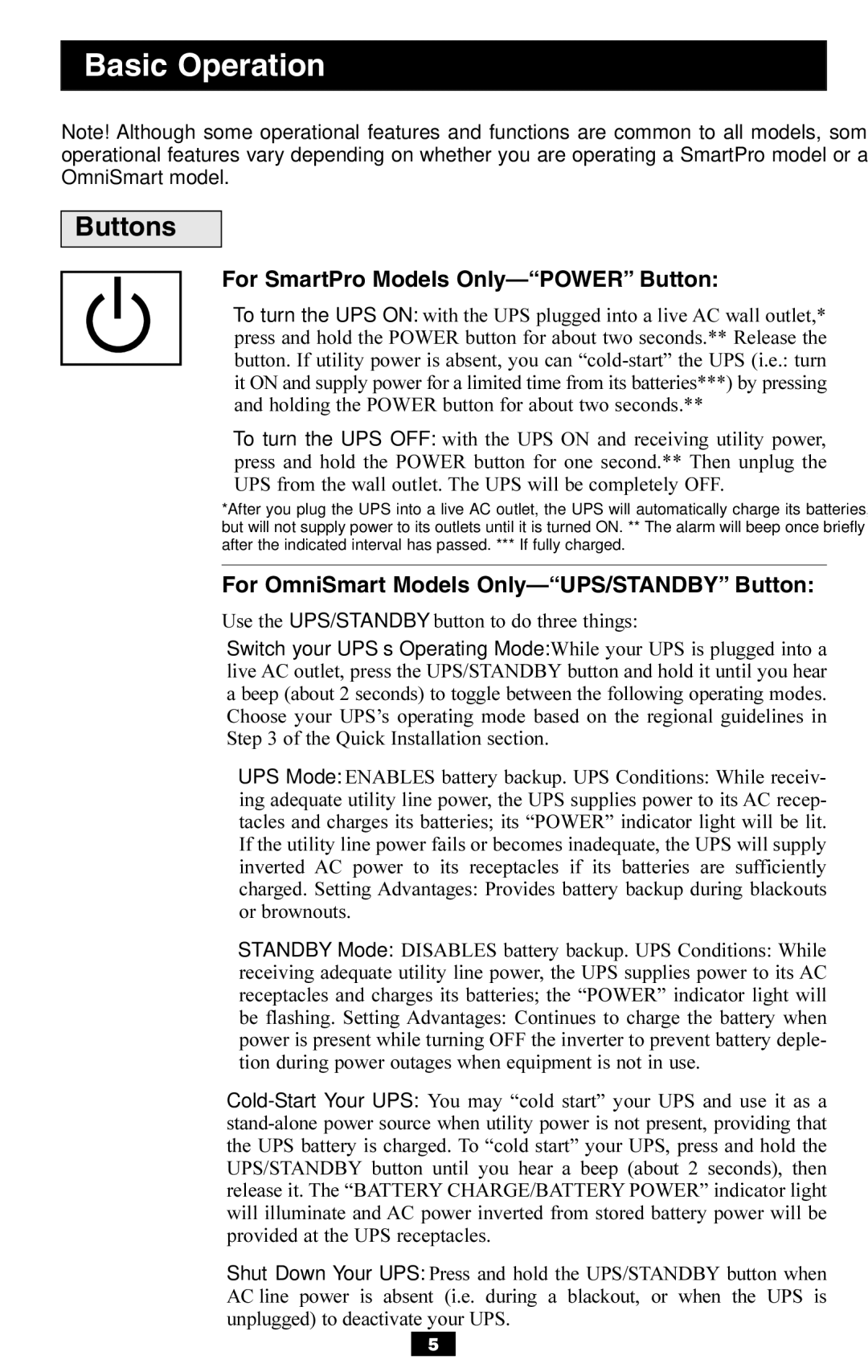 Tripp Lite BP36V27 Buttons, For SmartPro Models Only-POWER Button, For OmniSmart Models Only-UPS/STANDBY Button 