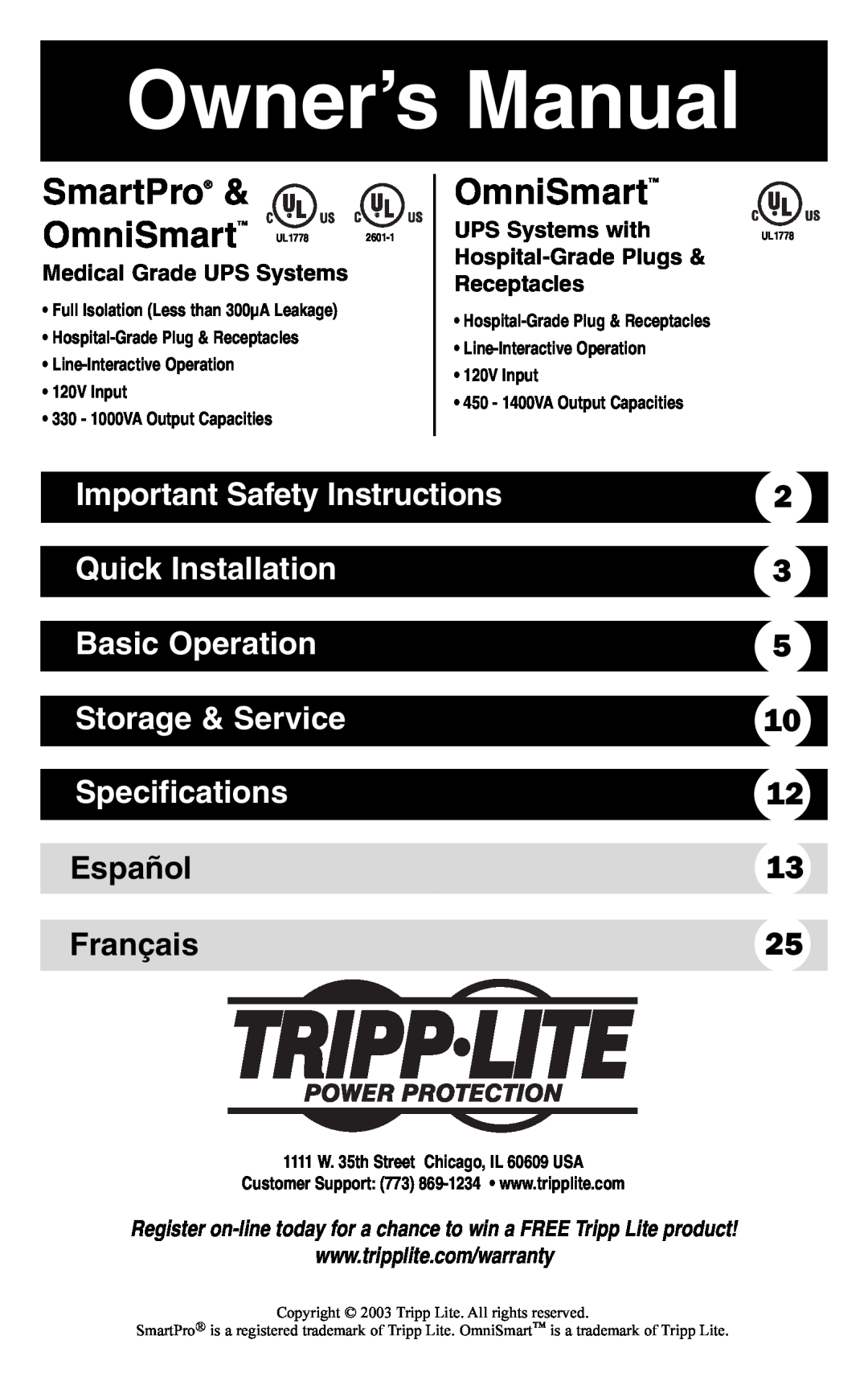 Tripp Lite AGSM700PSR3HG owner manual SmartPro, OmniSmart, Important Safety Instructions, Quick Installation, Español 