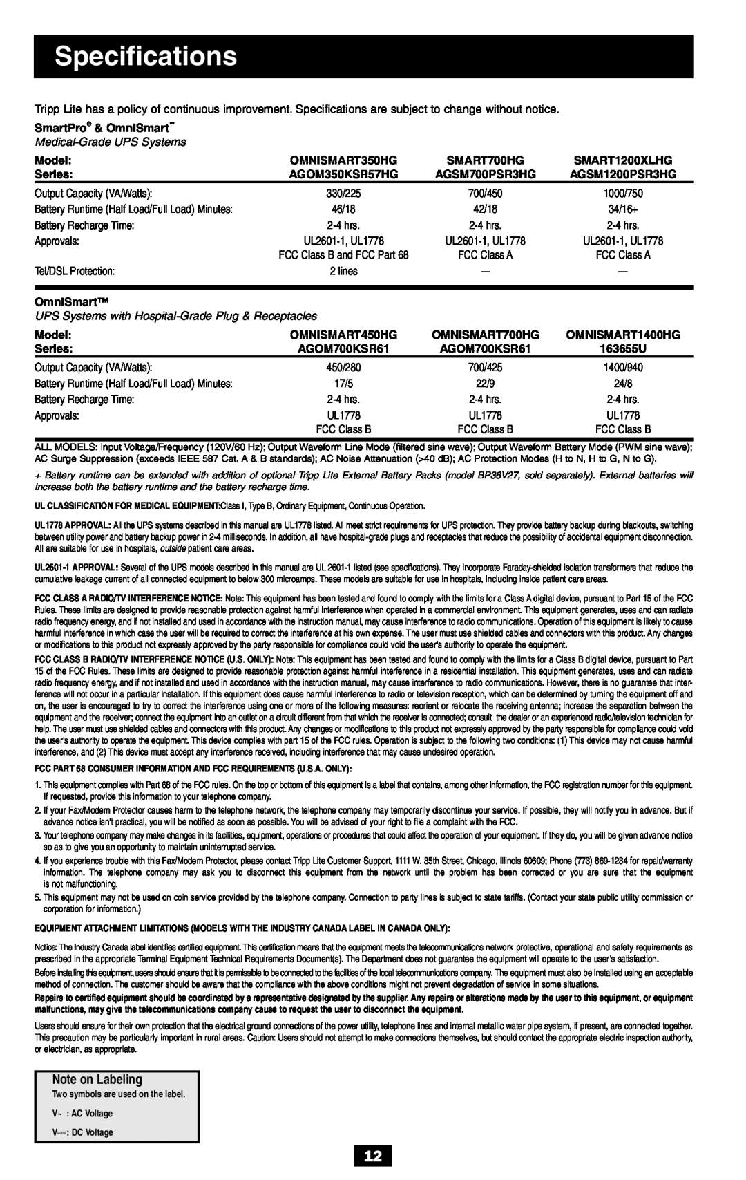 Tripp Lite BP36V27, AGSM1200PSR3HG, AGSM700PSR3HG, SMART700HG Specifications, Note on Labeling, Medical-Grade UPS Systems 