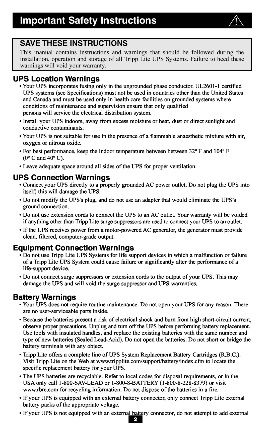 Tripp Lite SMART700HG, BP36V27 Save These Instructions, UPS Location Warnings, UPS Connection Warnings, Battery Warnings 