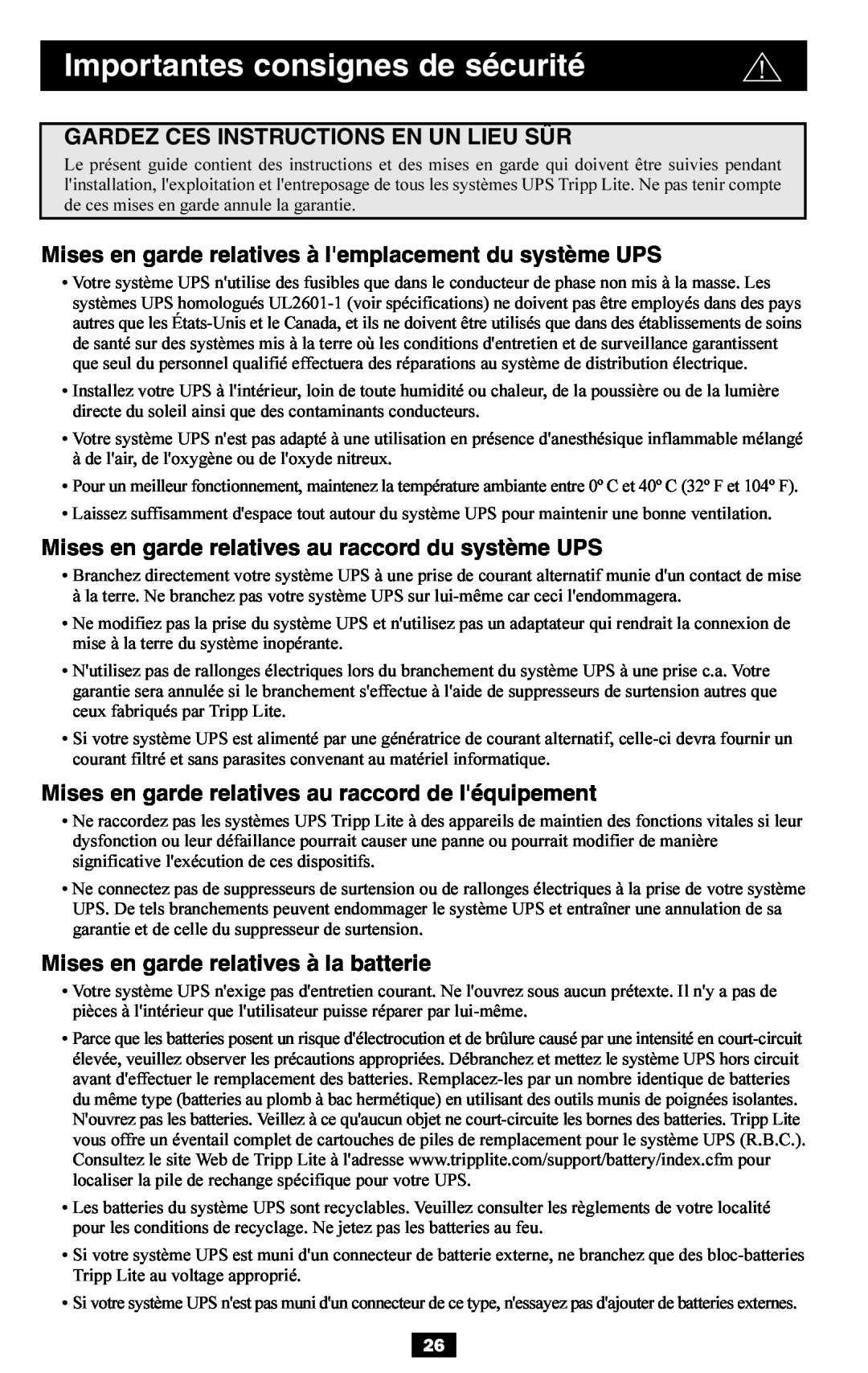 Tripp Lite BP36V27 Gardez Ces Instructions En Un Lieu Sûr, Mises en garde relatives à lemplacement du système UPS 