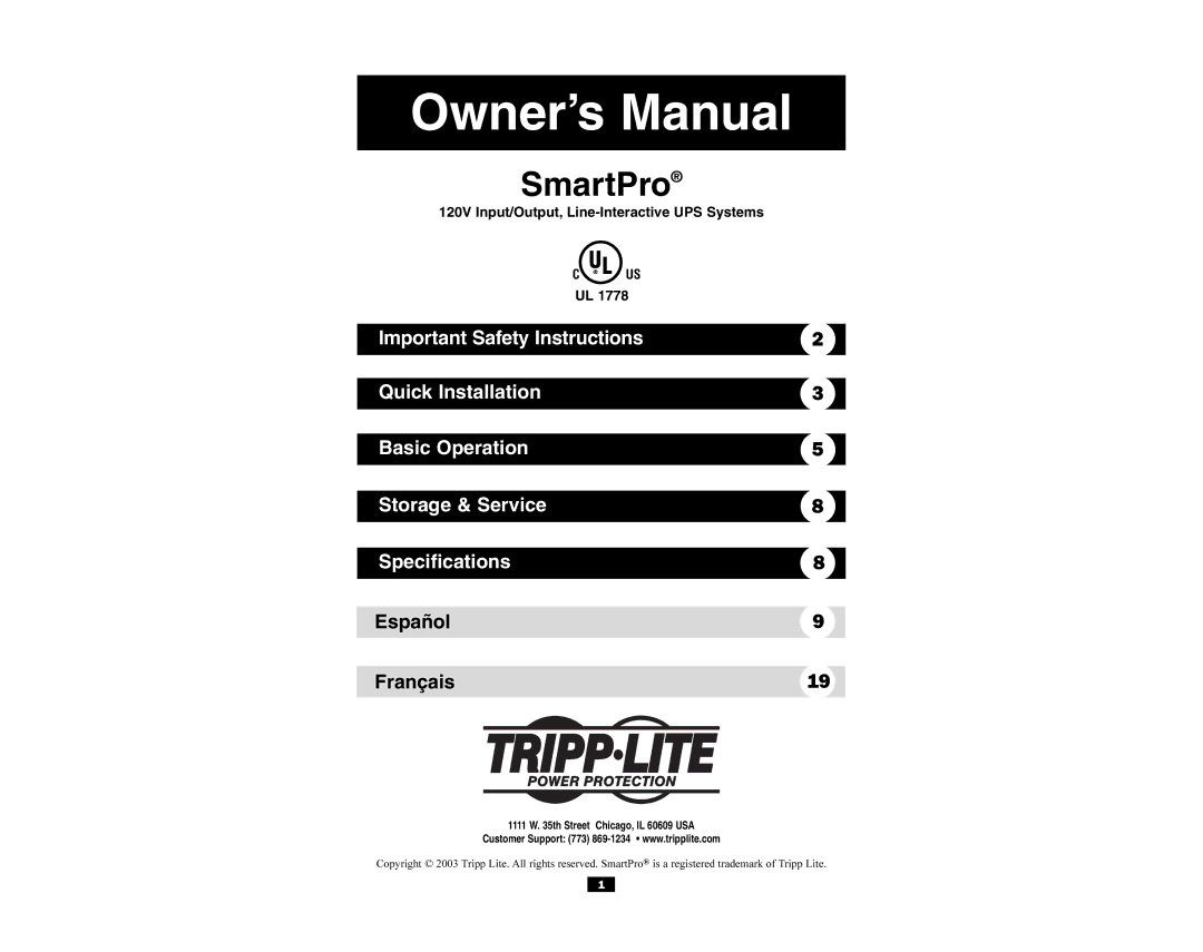 Tripp Lite AGSM1050PJR3, AGSM1500XPSR3, SMART1500XL, SMART1050XL owner manual SmartPro 