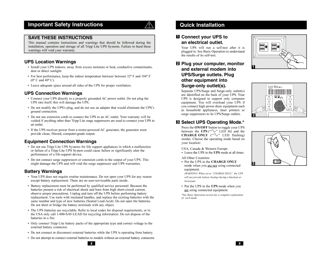 Tripp Lite SMART1500XL UPS Location Warnings, UPS Connection Warnings, Equipment Connection Warnings, Battery Warnings 