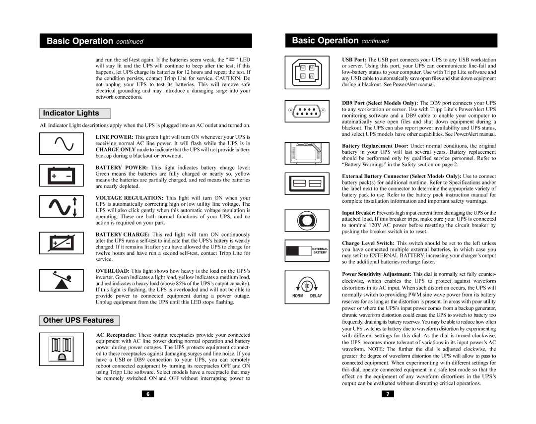 Tripp Lite AGSM1500XPSR3, AGSM1050PJR3, SMART1500XL, SMART1050XL owner manual Indicator Lights, Other UPS Features 